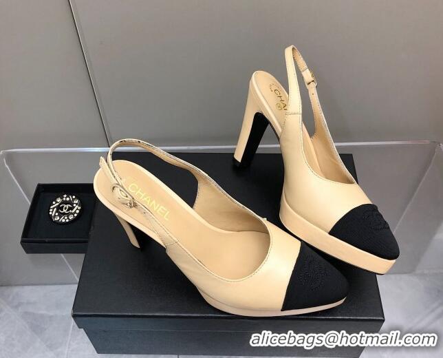 Popular Style Chanel Lambskin Platform Slingback Pumps 9cm Beige 041273