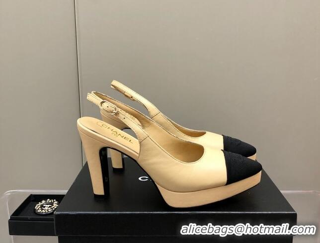 Popular Style Chanel Lambskin Platform Slingback Pumps 9cm Beige 041273