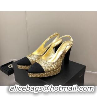 Stylish Chanel Sequins Platform Slingback Pumps 9cm Gold 041274