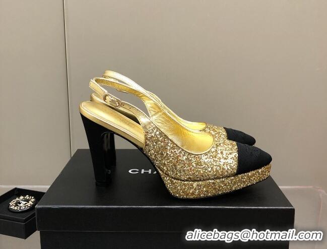 Stylish Chanel Sequins Platform Slingback Pumps 9cm Gold 041274