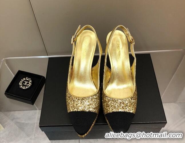 Stylish Chanel Sequins Platform Slingback Pumps 9cm Gold 041274