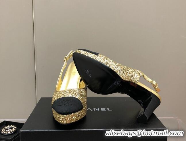 Stylish Chanel Sequins Platform Slingback Pumps 9cm Gold 041274