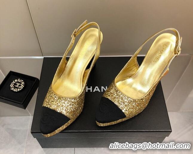 Stylish Chanel Sequins Platform Slingback Pumps 9cm Gold 041274