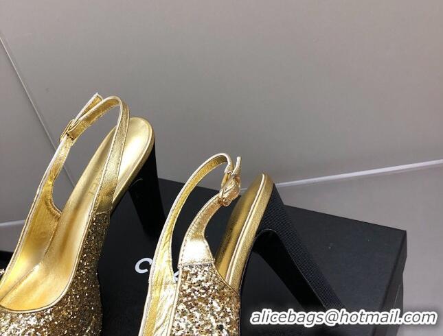 Stylish Chanel Sequins Platform Slingback Pumps 9cm Gold 041274