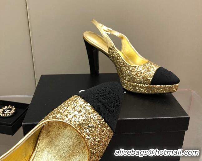 Stylish Chanel Sequins Platform Slingback Pumps 9cm Gold 041274