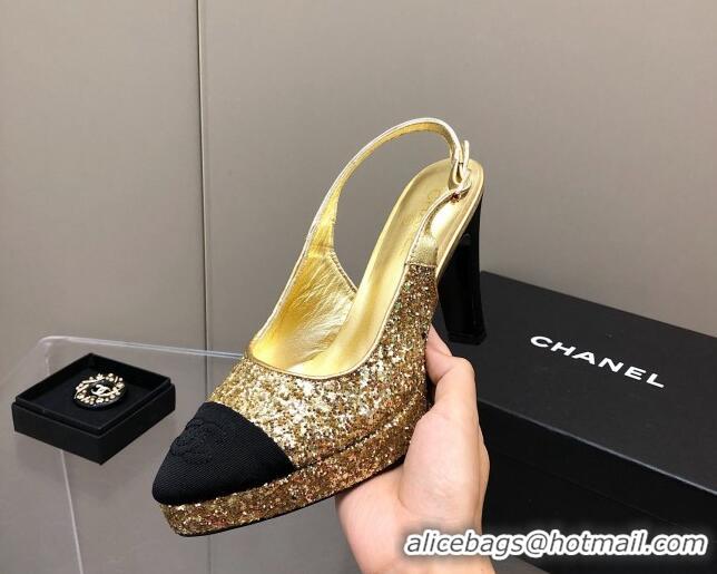 Stylish Chanel Sequins Platform Slingback Pumps 9cm Gold 041274