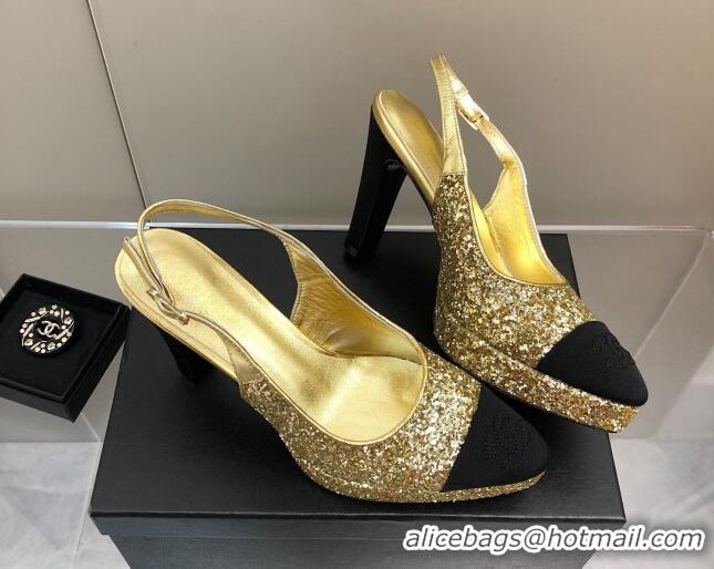 Stylish Chanel Sequins Platform Slingback Pumps 9cm Gold 041274