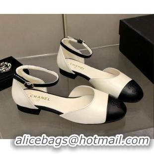 Low Price Chanel Lambskin Mary Janes Flat Open Shoes G38959 White/Black 041275