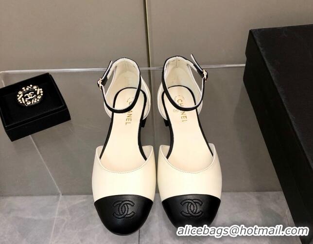 Low Price Chanel Lambskin Mary Janes Flat Open Shoes G38959 White/Black 041275