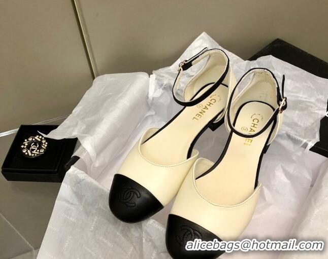 Low Price Chanel Lambskin Mary Janes Flat Open Shoes G38959 White/Black 041275