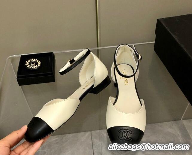 Low Price Chanel Lambskin Mary Janes Flat Open Shoes G38959 White/Black 041275