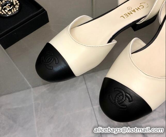 Low Price Chanel Lambskin Mary Janes Flat Open Shoes G38959 White/Black 041275