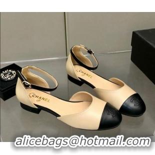 Most Popular Chanel Lambskin Mary Janes Flat Open Shoes G38959 Beige/Black 041276