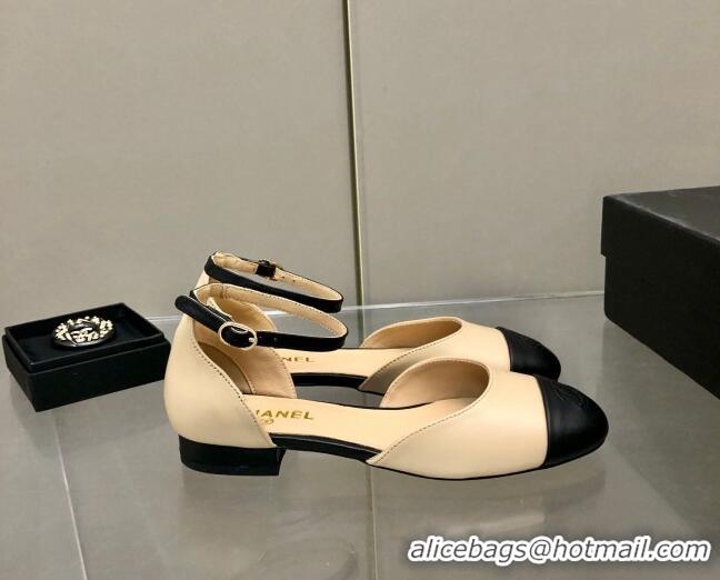 Most Popular Chanel Lambskin Mary Janes Flat Open Shoes G38959 Beige/Black 041276