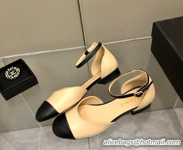 Most Popular Chanel Lambskin Mary Janes Flat Open Shoes G38959 Beige/Black 041276