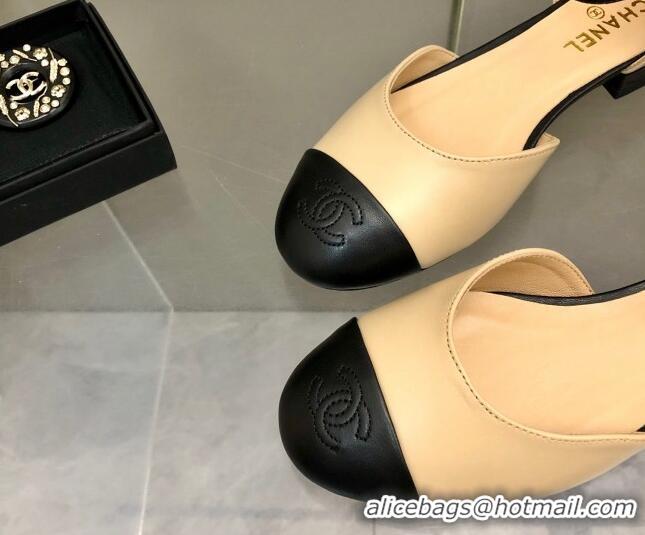 Most Popular Chanel Lambskin Mary Janes Flat Open Shoes G38959 Beige/Black 041276