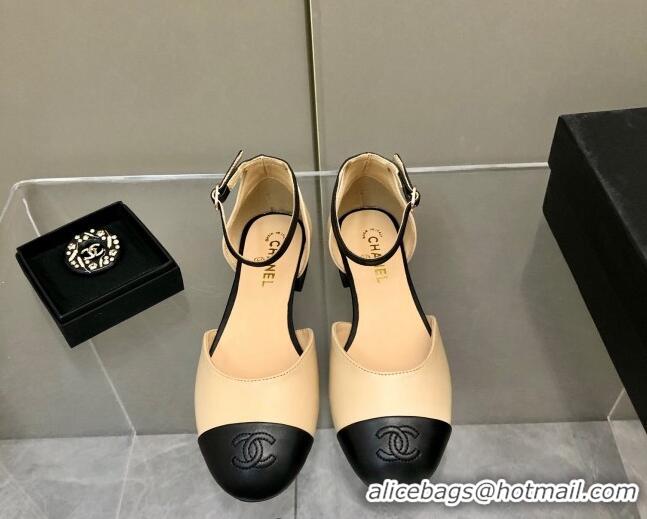 Most Popular Chanel Lambskin Mary Janes Flat Open Shoes G38959 Beige/Black 041276