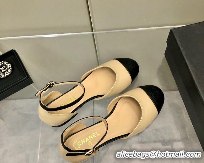 Most Popular Chanel Lambskin Mary Janes Flat Open Shoes G38959 Beige/Black 041276