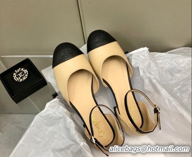 Most Popular Chanel Lambskin Mary Janes Flat Open Shoes G38959 Beige/Black 041276