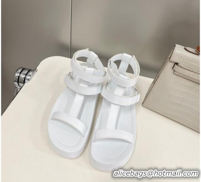 Discount Hermes Leather Band Platform Roman Sandals White 032243