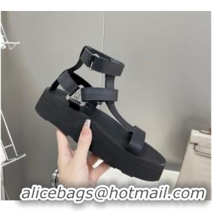 Stylish Hermes Leather Band Platform Roman Sandals Black 032244