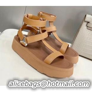 Perfect Hermes Leather Band Platform Roman Sandals Brown 032245