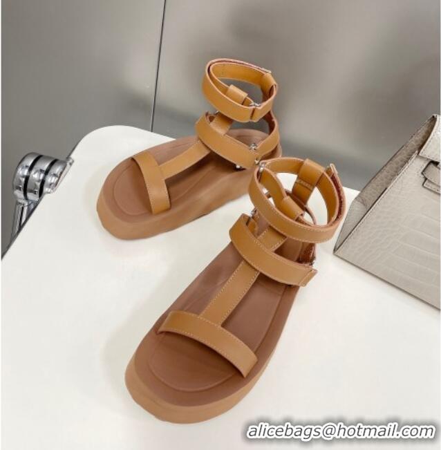 Perfect Hermes Leather Band Platform Roman Sandals Brown 032245