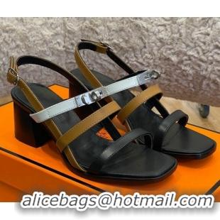 Low Cost Hermes Eve Calfskin Medium Heel Sandal 6cm with Kelly Buckle Black/White/Brown 032554