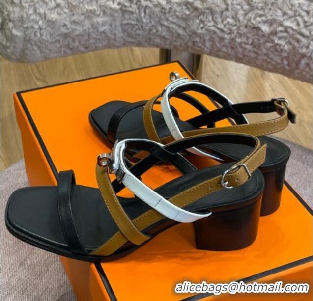 Low Cost Hermes Eve Calfskin Medium Heel Sandal 6cm with Kelly Buckle Black/White/Brown 032554