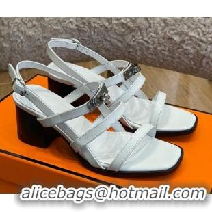 Stylish Hermes Eve Calfskin Medium Heel Sandal 6cm with Kelly Buckle Black/White/Silver 032555