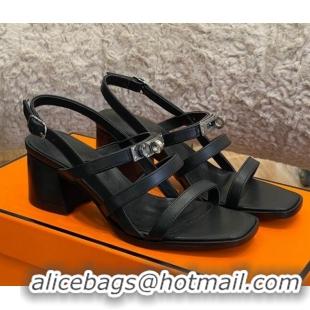 Good Quality Hermes Eve Calfskin Medium Heel Sandal 6cm with Kelly Buckle Black Leather/Silver 032556