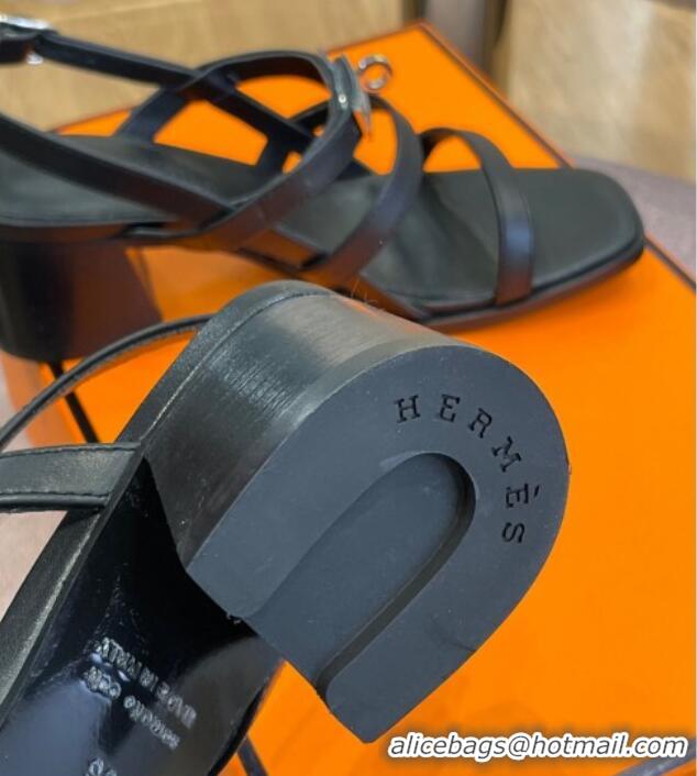 Good Quality Hermes Eve Calfskin Medium Heel Sandal 6cm with Kelly Buckle Black Leather/Silver 032556