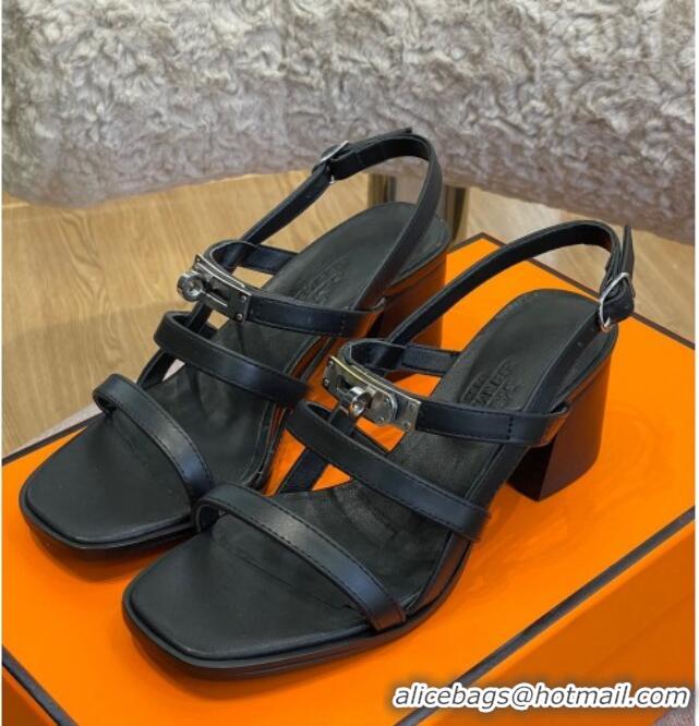 Good Quality Hermes Eve Calfskin Medium Heel Sandal 6cm with Kelly Buckle Black Leather/Silver 032556