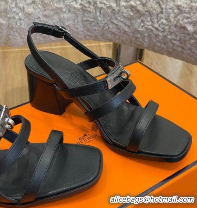 Good Quality Hermes Eve Calfskin Medium Heel Sandal 6cm with Kelly Buckle Black Leather/Silver 032556