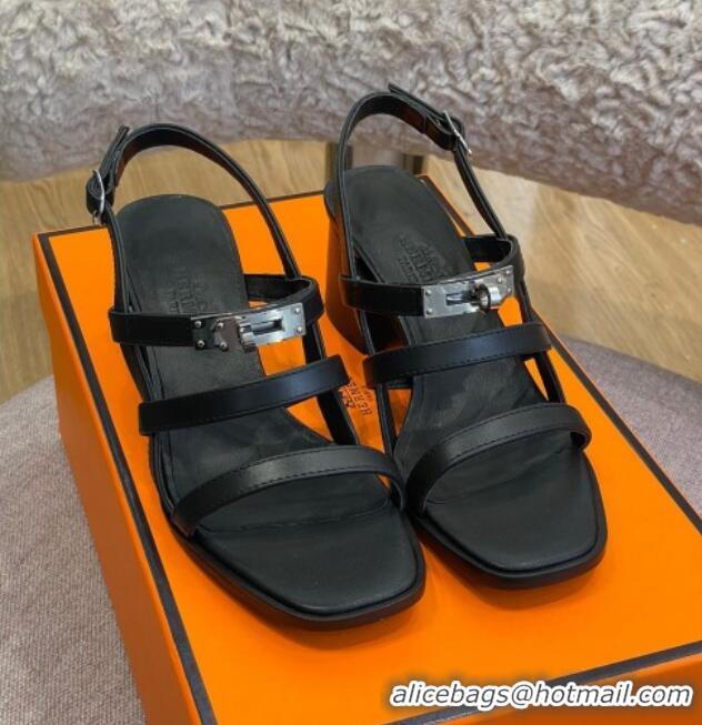 Good Quality Hermes Eve Calfskin Medium Heel Sandal 6cm with Kelly Buckle Black Leather/Silver 032556