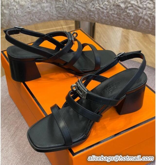 Good Quality Hermes Eve Calfskin Medium Heel Sandal 6cm with Kelly Buckle Black Leather/Silver 032556