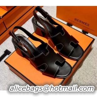 Top Grade Hermes Elbe Calfskin H Medium Heel Sandal 6cm Black 032557