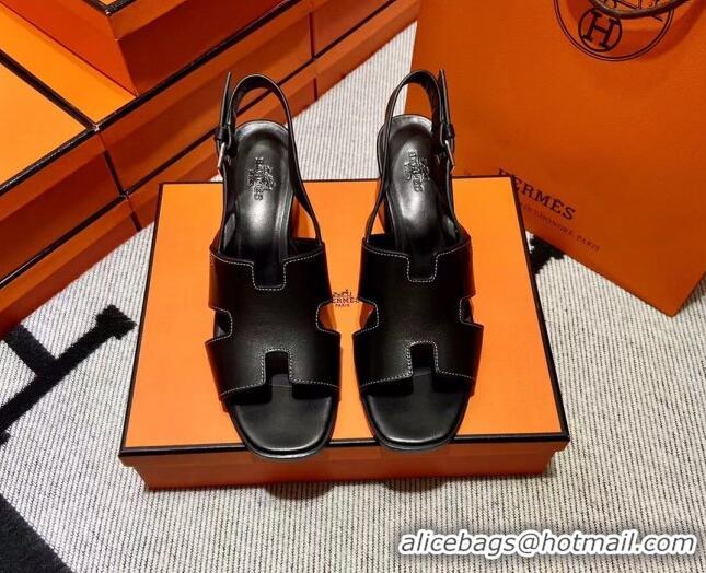 Top Grade Hermes Elbe Calfskin H Medium Heel Sandal 6cm Black 032557