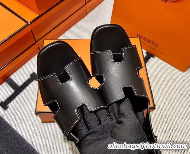 Top Grade Hermes Elbe Calfskin H Medium Heel Sandal 6cm Black 032557