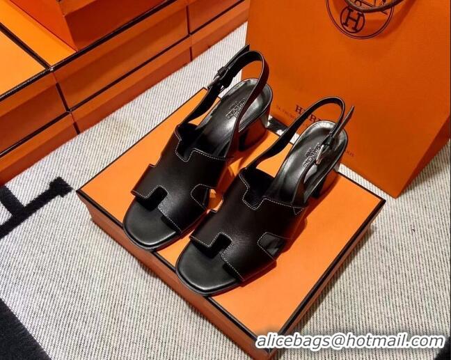 Top Grade Hermes Elbe Calfskin H Medium Heel Sandal 6cm Black 032557