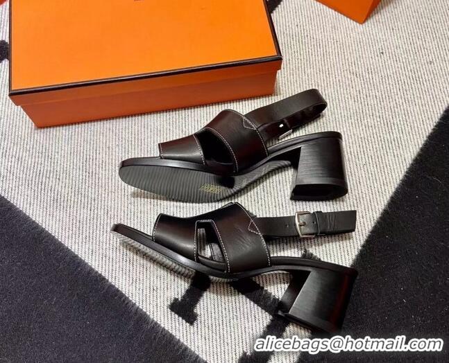 Top Grade Hermes Elbe Calfskin H Medium Heel Sandal 6cm Black 032557