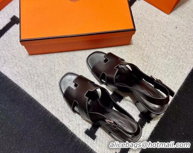 Top Grade Hermes Elbe Calfskin H Medium Heel Sandal 6cm Black 032557