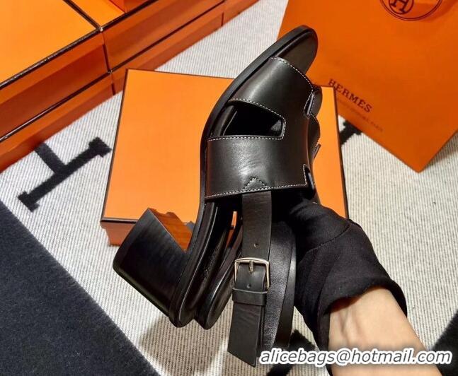 Top Grade Hermes Elbe Calfskin H Medium Heel Sandal 6cm Black 032557