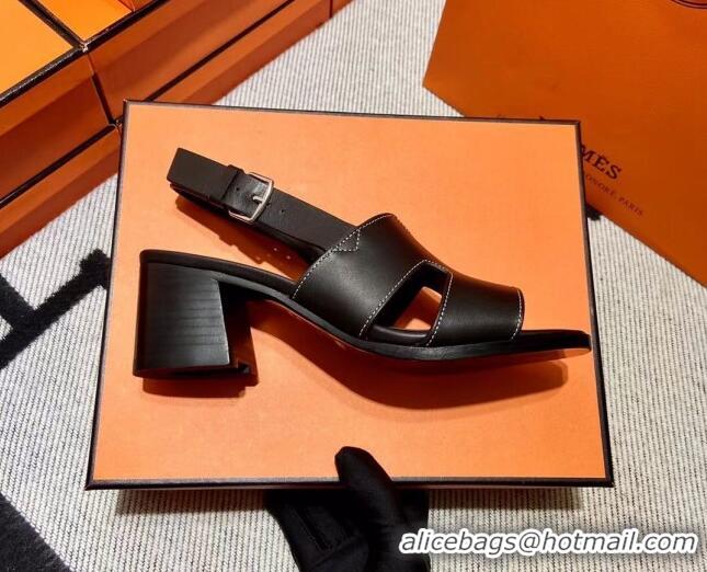 Top Grade Hermes Elbe Calfskin H Medium Heel Sandal 6cm Black 032557