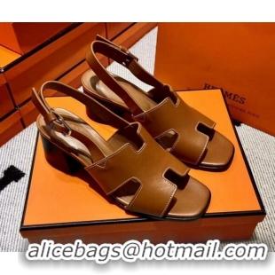 Discount Hermes Elbe Calfskin H Medium Heel Sandal 6cm Brown 032558