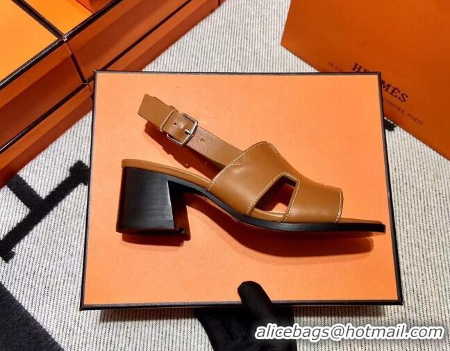 Discount Hermes Elbe Calfskin H Medium Heel Sandal 6cm Brown 032558