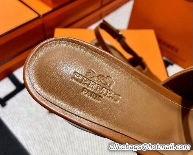 Discount Hermes Elbe Calfskin H Medium Heel Sandal 6cm Brown 032558