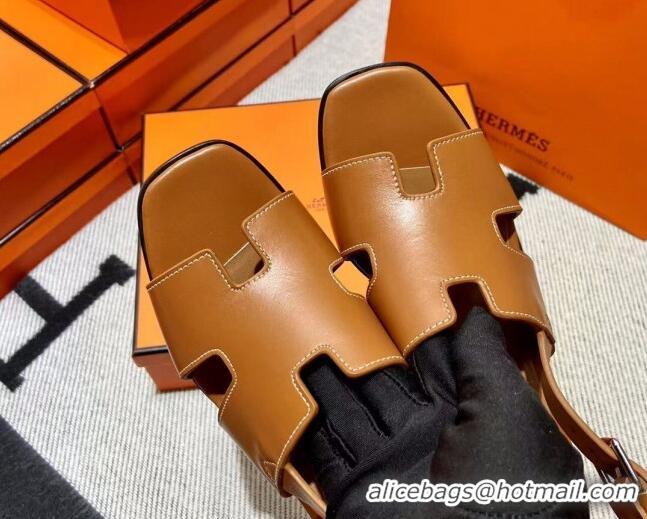 Discount Hermes Elbe Calfskin H Medium Heel Sandal 6cm Brown 032558