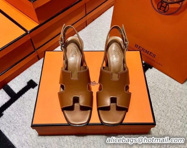 Discount Hermes Elbe Calfskin H Medium Heel Sandal 6cm Brown 032558