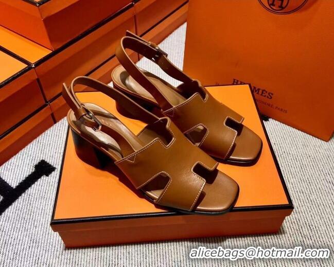 Discount Hermes Elbe Calfskin H Medium Heel Sandal 6cm Brown 032558